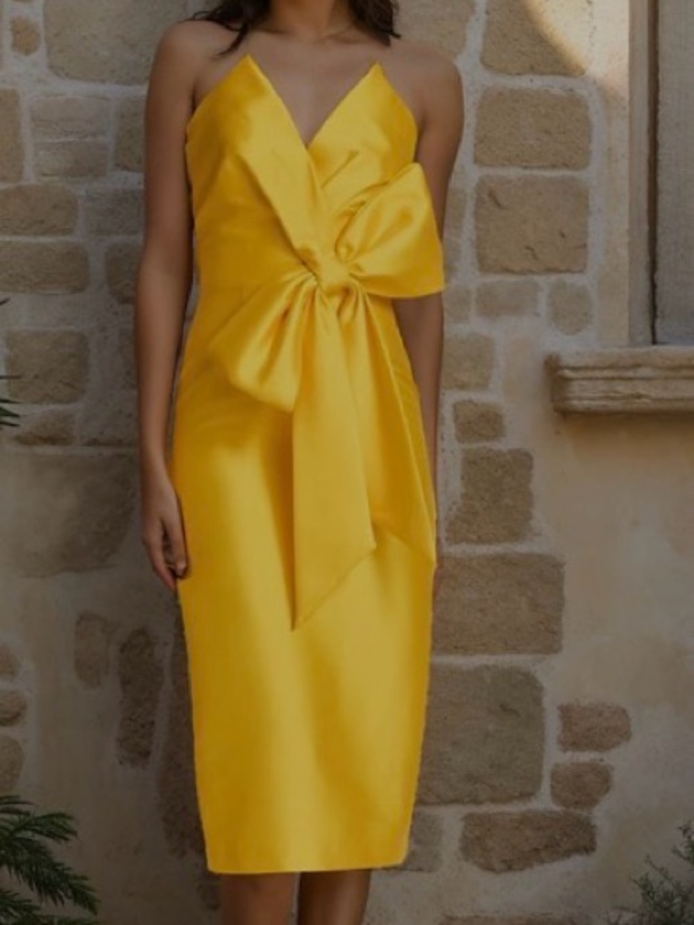 Satin Yellow V-Neck Bow Midi Dress